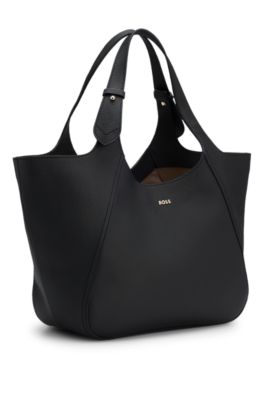 Bolso tote de piel granulada con inscripci&oacute;n del logotipo, Negro