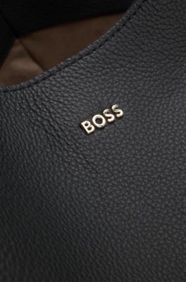 Cabas en cuir grain&eacute; avec logo, Noir