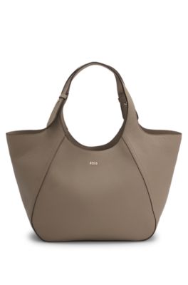 Logo-lettering tote bag in grained leather, Light Brown