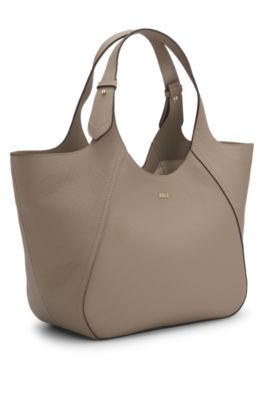 Logo-lettering tote bag in grained leather, Light Brown