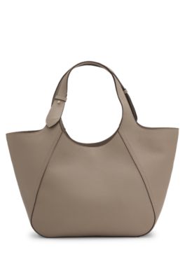 Logo-lettering tote bag in grained leather, Light Brown
