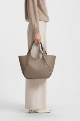 Logo-lettering tote bag in grained leather, Light Brown