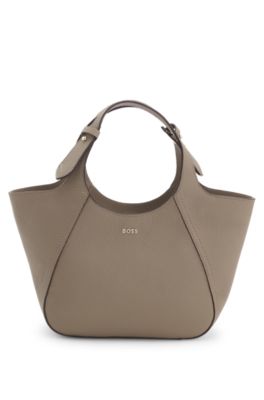 Logo-lettering tote bag in grained leather, Light Brown