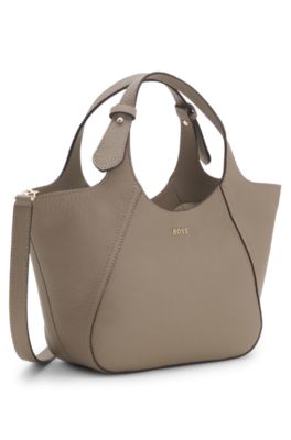 Bolso tote de piel granulada con inscripci&oacute;n del logotipo, Marr&oacute;n claro