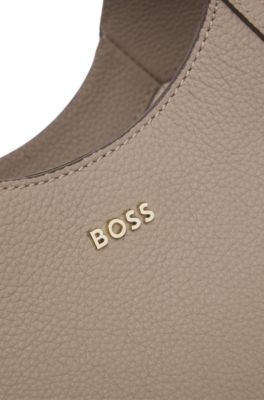 Bolso tote de piel granulada con inscripci&oacute;n del logotipo, Marr&oacute;n claro