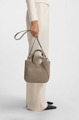 Logo-lettering tote bag in grained leather, Light Brown