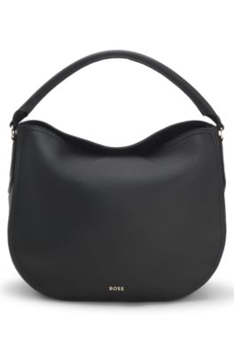 Sac &agrave; bandouli&egrave;re en cuir grain&eacute; avec logo dor&eacute;, Noir