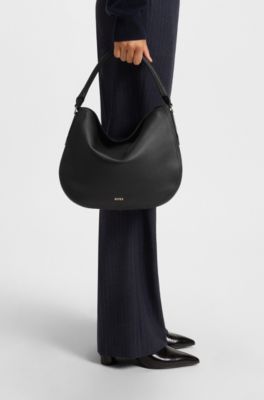 Sac &agrave; bandouli&egrave;re en cuir grain&eacute; avec logo dor&eacute;, Noir