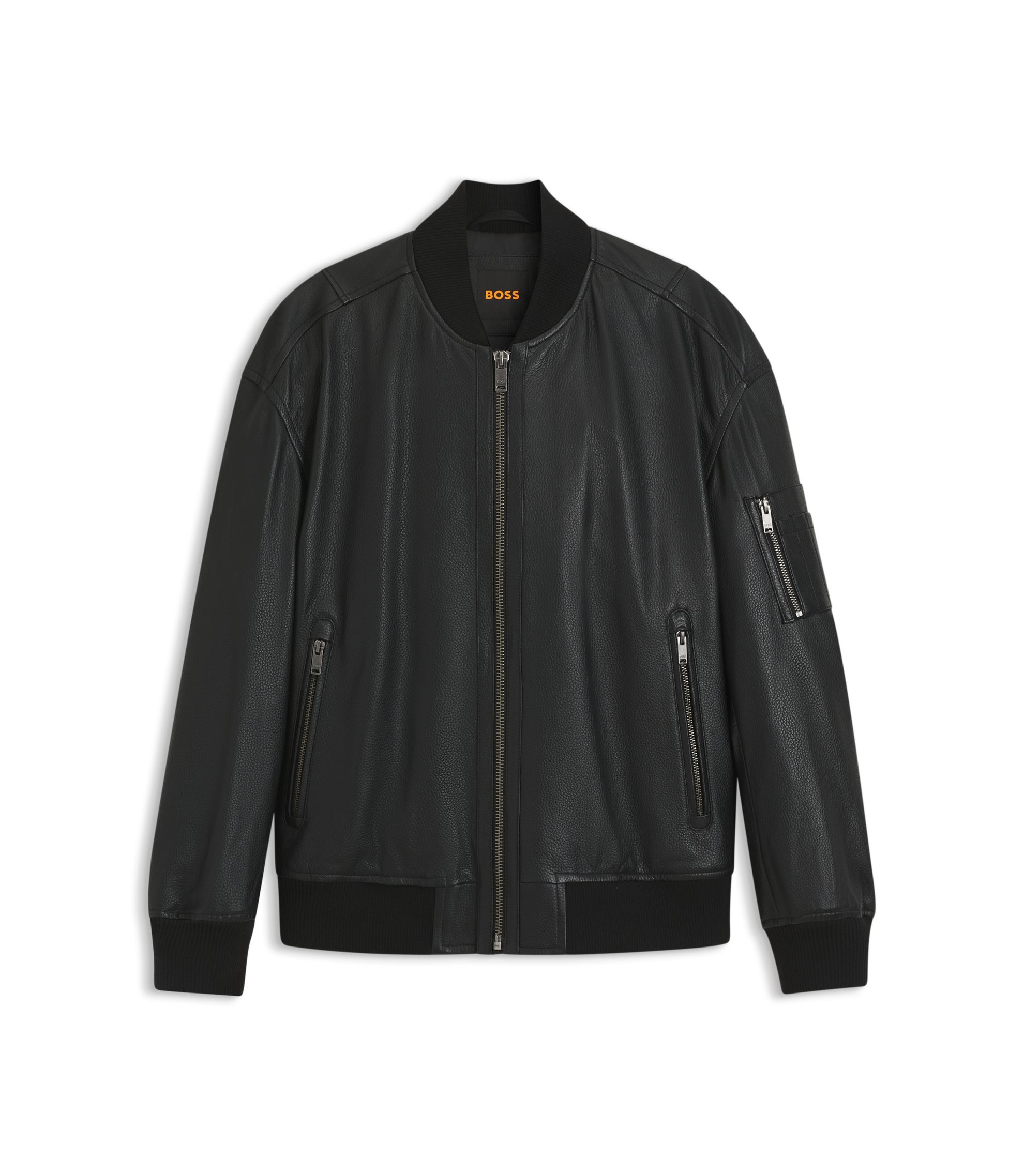 BOSS - Sleeve-pocket bomber jacket in leather - Black