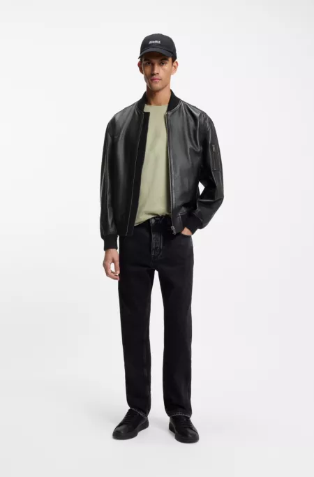 Sleeve-pocket bomber jacket in leather