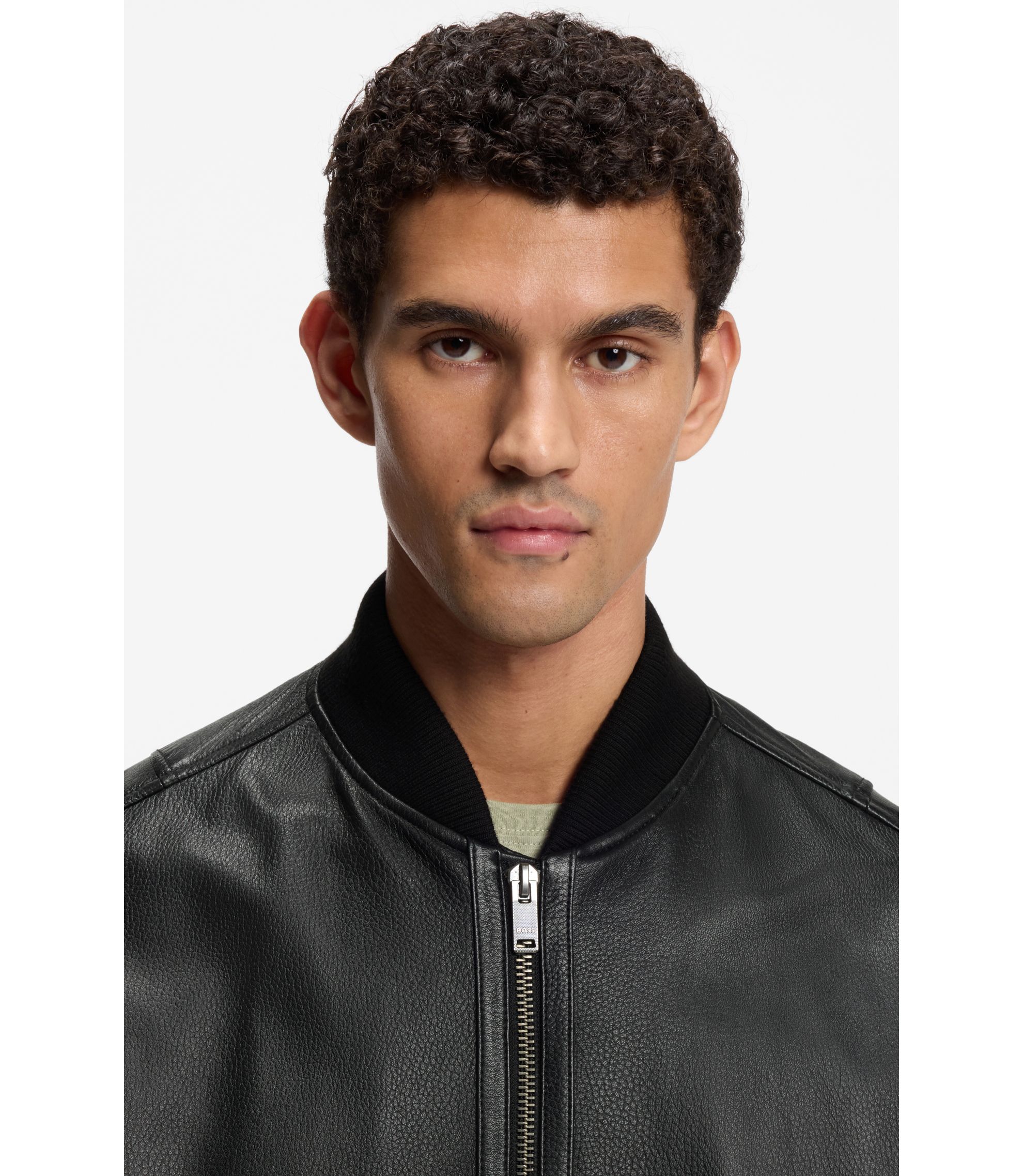 BOSS - Sleeve-pocket bomber jacket in leather - Black