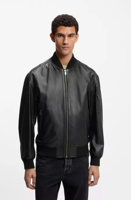 Sleeve-pocket bomber jacket in leather