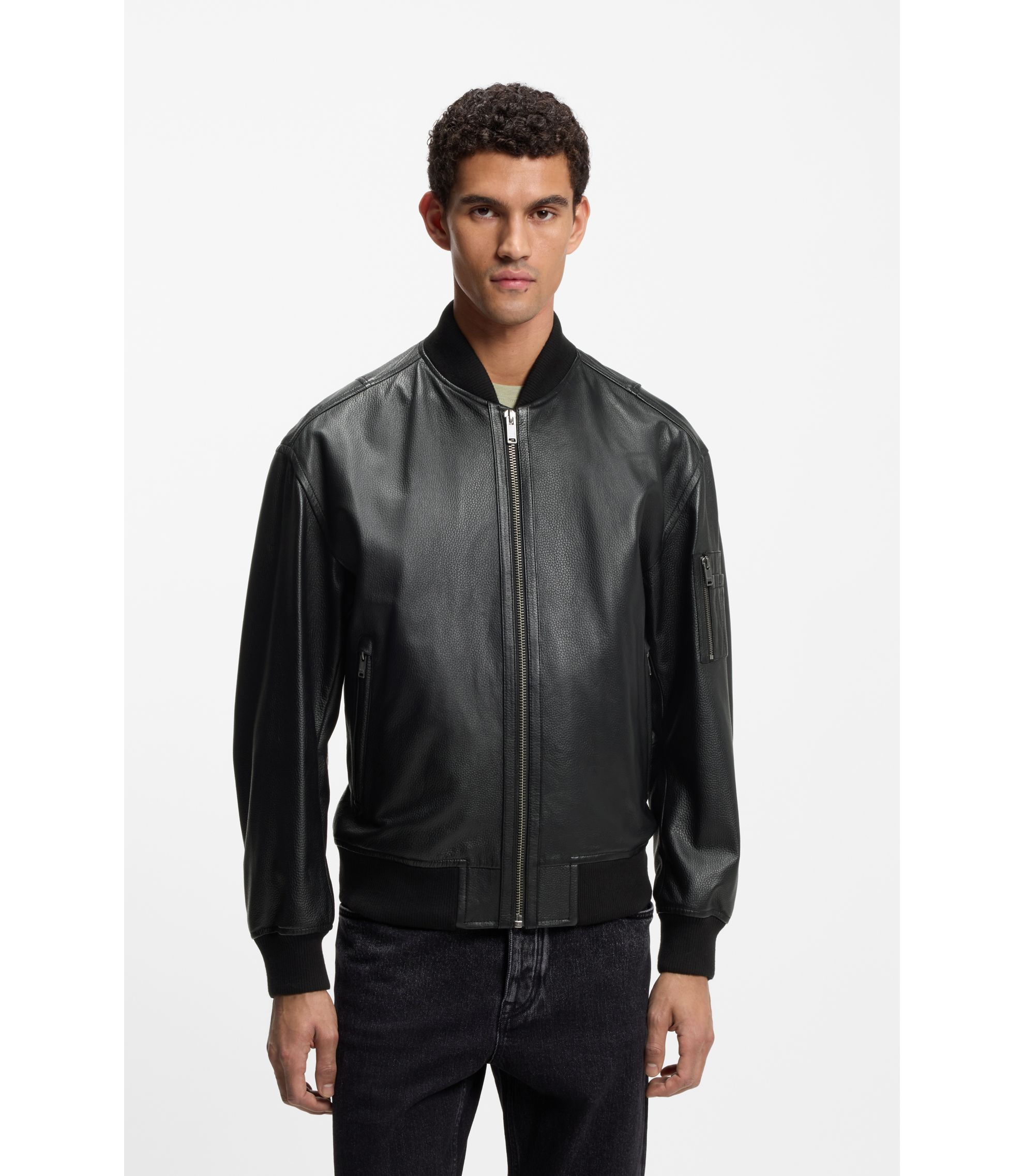 HUGO BOSS レザー ジャケット ボンバーネック 黒 白 48 MA1 BOSS - Sleeve-pocket bomber jacket in leather - Black