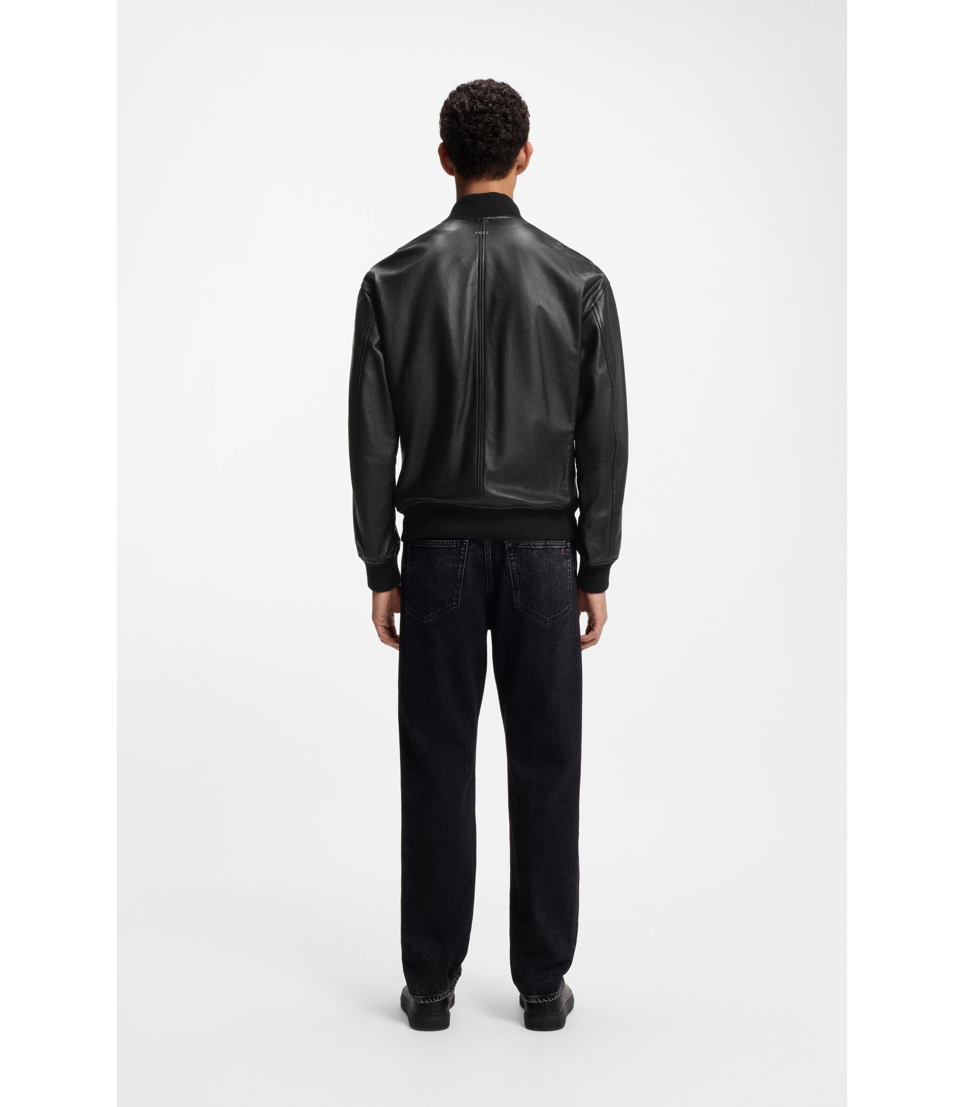 BOSS - Sleeve-pocket bomber jacket in leather - Black