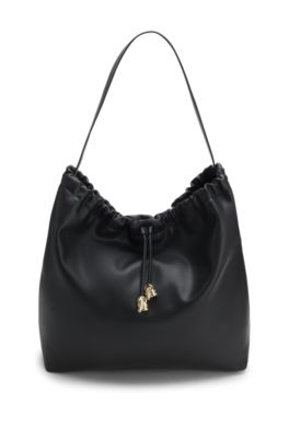 Bolso bandolera con cord&oacute;n y herrajes dorados, Negro