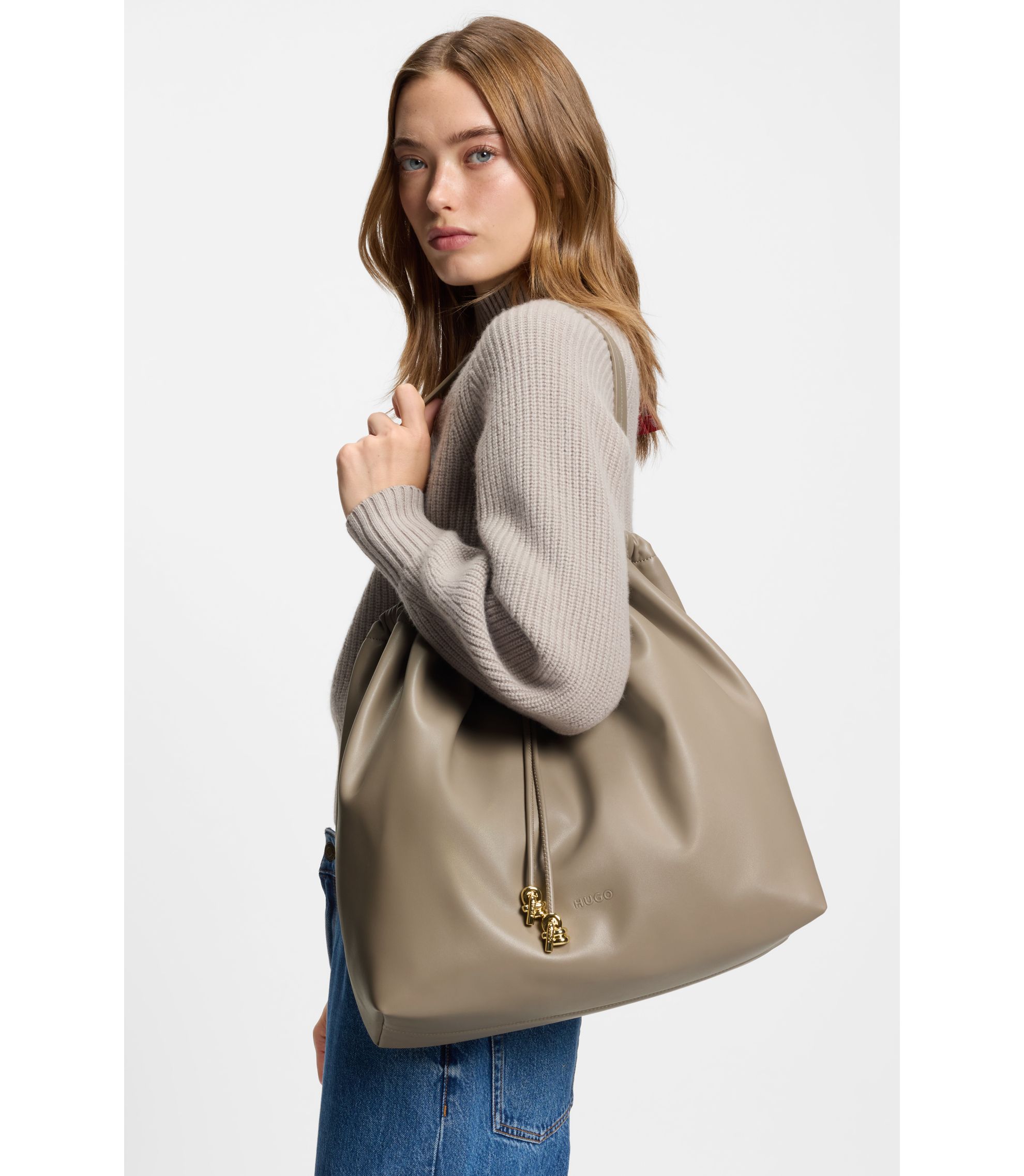 HUGO - Drawstring shoulder bag with gold-tone hardware