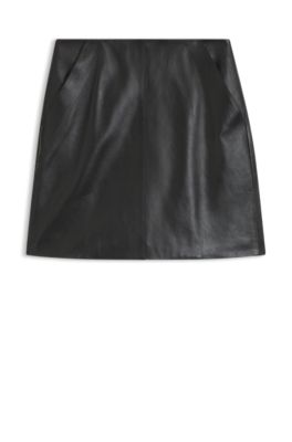 Falda en piel de napa con costura delantera, Negro