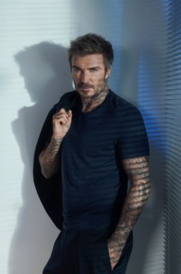 BECKHAM x BOSS T-shirt in soft linen, Dark Blue