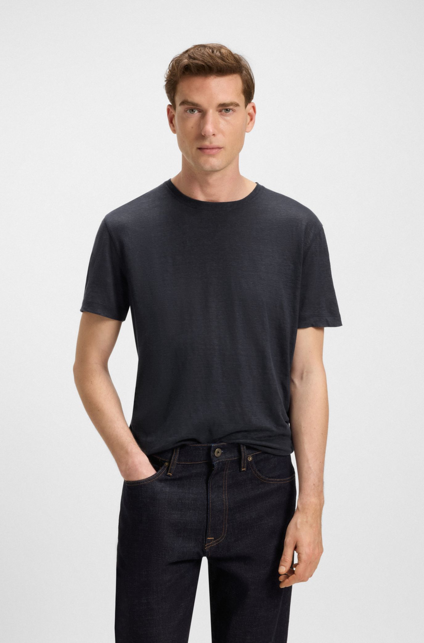 BOSS - BECKHAM x BOSS T-shirt in soft linen - Dark Blue