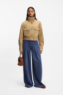 Cropped jacket in paper-touch cotton twill, Brown