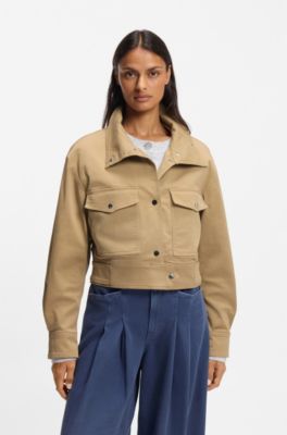 Cropped jacket in paper-touch cotton twill, Brown
