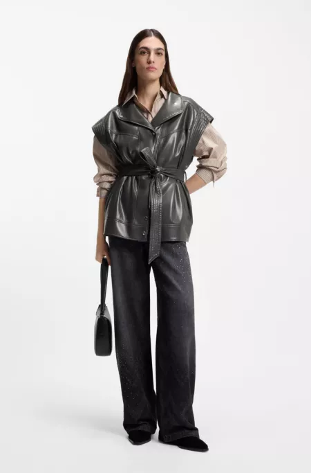 Faux-leather gilet with belt