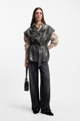 Faux-leather gilet with belt, Light Grey