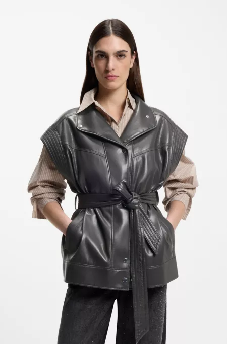 Faux-leather gilet with belt