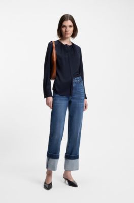 Jean Slim en denim stretch indigo &agrave; revers, Bleu fonc&eacute;