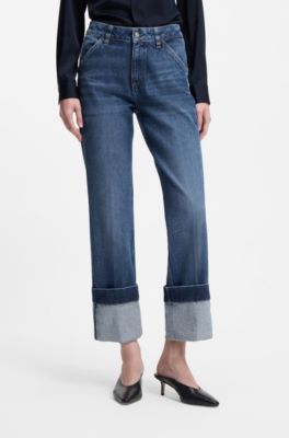 Jean Slim en denim stretch indigo &agrave; revers, Bleu fonc&eacute;