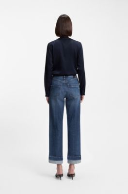 Jean Slim en denim stretch indigo &agrave; revers, Bleu fonc&eacute;