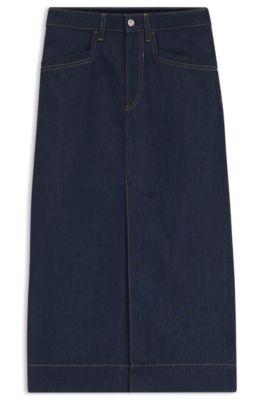 Falda midi en denim r&iacute;gido azul, Azul oscuro