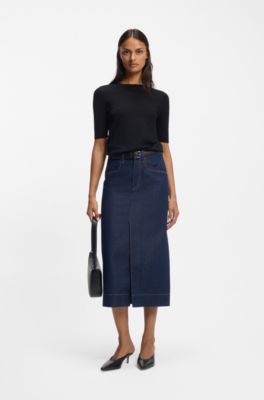 Falda midi en denim r&iacute;gido azul, Azul oscuro