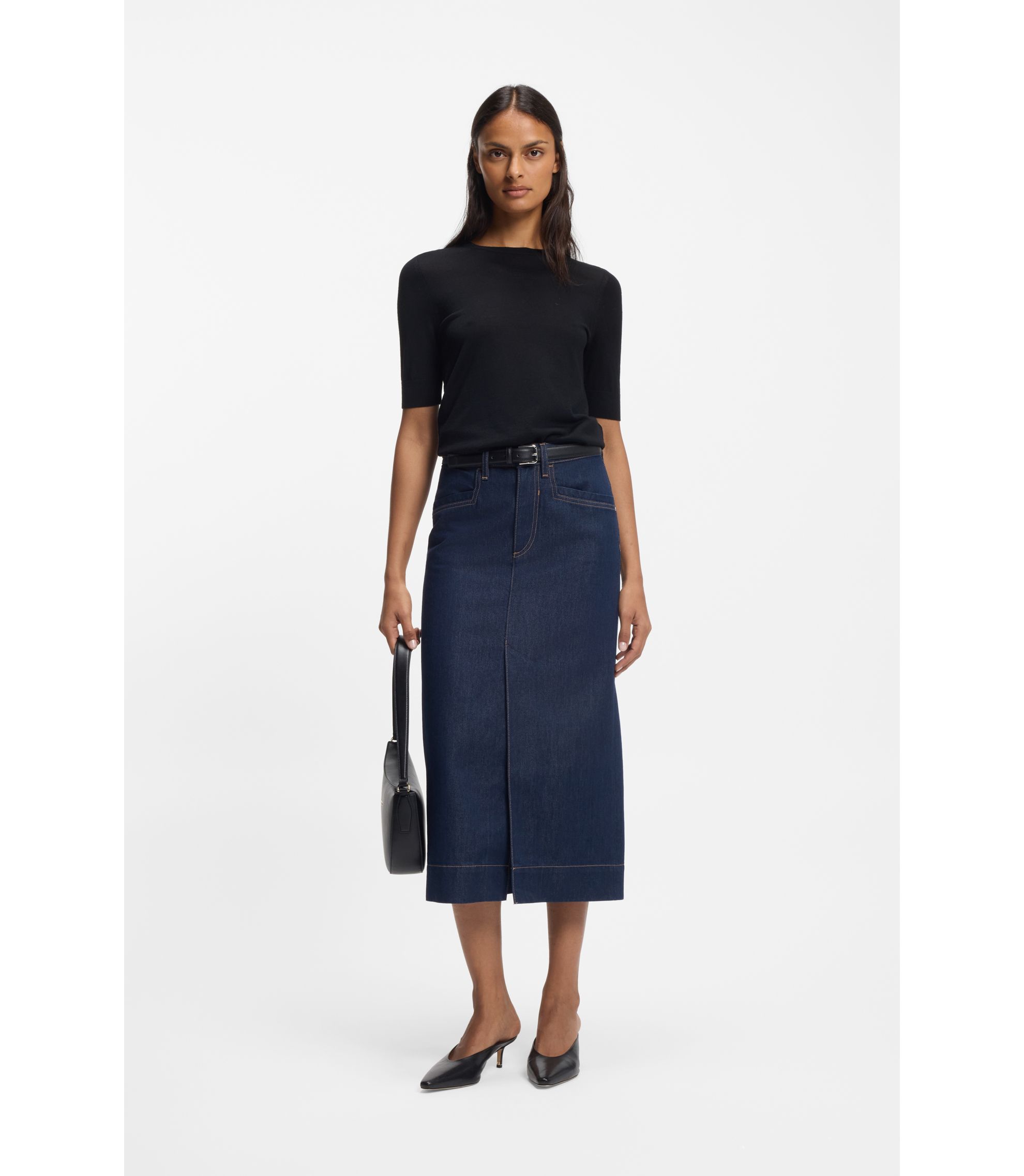 BOSS - Blue midi skirt in rigid denim - Dark Blue
