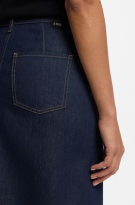 Falda midi en denim r&iacute;gido azul, Azul oscuro