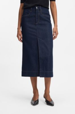 Falda midi en denim r&iacute;gido azul, Azul oscuro