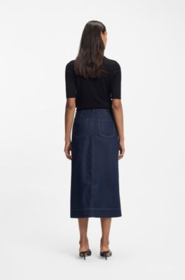 Falda midi en denim r&iacute;gido azul, Azul oscuro