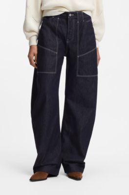 Jean Balloon en denim rigide bleu, Bleu fonc&eacute;