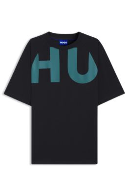 Camiseta loose fit en punto de algod&oacute;n con logo envolvente, Negro