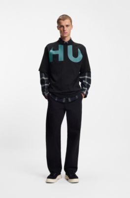 Camiseta loose fit en punto de algod&oacute;n con logo envolvente, Negro