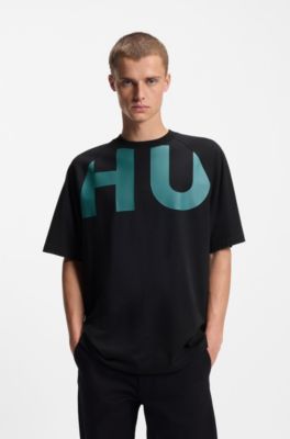 Camiseta loose fit en punto de algod&oacute;n con logo envolvente, Negro