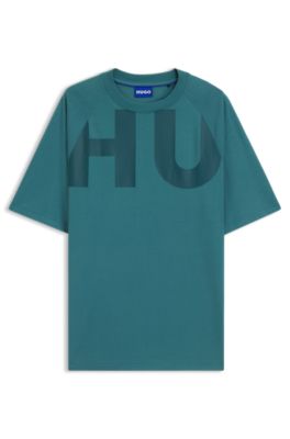 Camiseta loose fit en punto de algod&oacute;n con logo envolvente, Turquesa