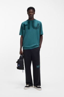 Camiseta loose fit en punto de algod&oacute;n con logo envolvente, Turquesa