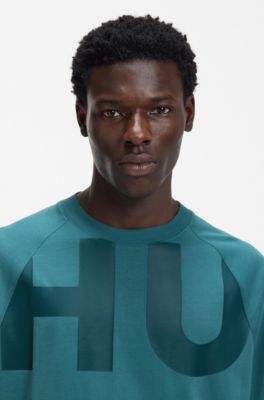 Camiseta loose fit en punto de algod&oacute;n con logo envolvente, Turquesa