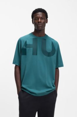 Camiseta loose fit en punto de algod&oacute;n con logo envolvente, Turquesa