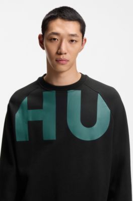 Sudadera loose fit de felpa de algod&oacute;n con logo envolvente, Negro