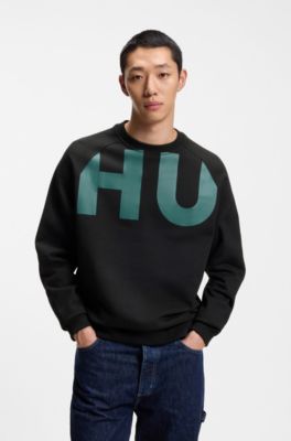 Sudadera loose fit de felpa de algod&oacute;n con logo envolvente, Negro