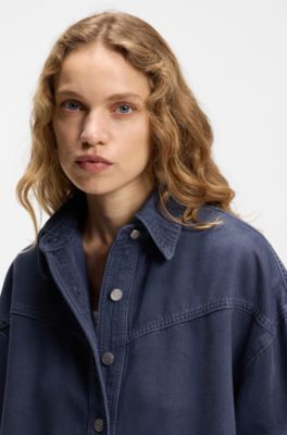 Smoky-blue oversized-fit blouse in rigid denim, Grey