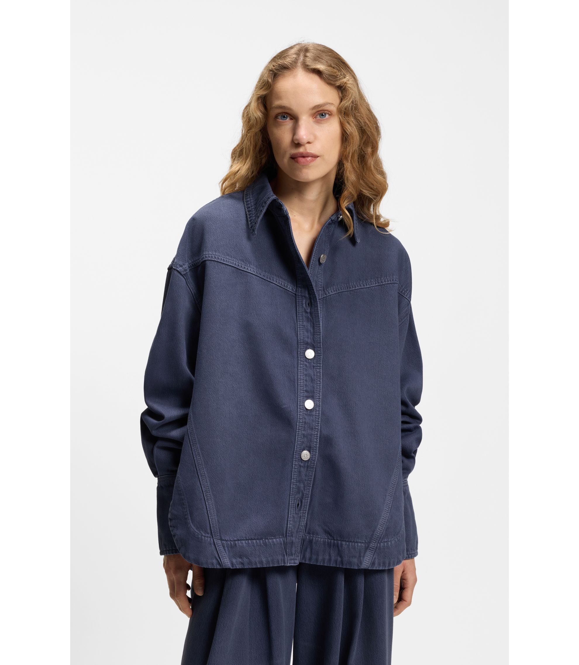 BOSS - Smoky-blue oversized-fit blouse in rigid denim - Grey