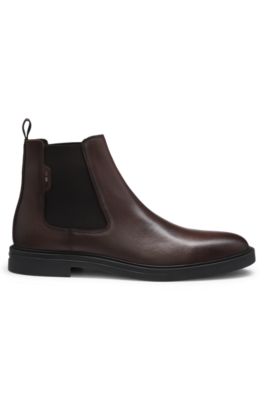Bottines Chelsea en cuir lustr&eacute; avec surpiq&ucirc;re embl&eacute;matique, Marron fonc&eacute;